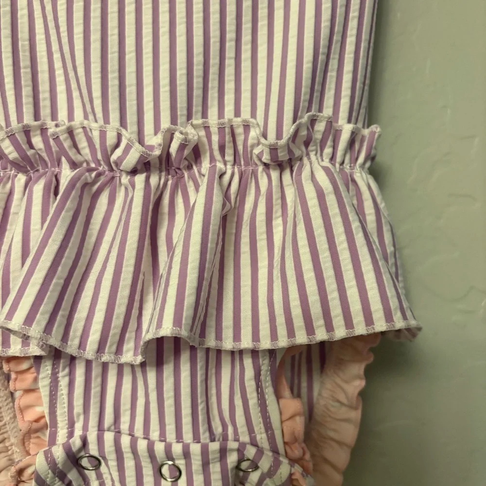 ⭐️Ruffle Butts purple white and pink peplum short sleeve swimsuit 3-6 months
